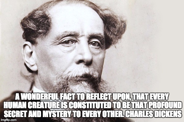 Charles Dickens debt | A WONDERFUL FACT TO REFLECT UPON, THAT EVERY HUMAN CREATURE IS CONSTITUTED TO BE THAT PROFOUND SECRET AND MYSTERY TO EVERY OTHER. CHARLES DICKENS | image tagged in charles dickens debt | made w/ Imgflip meme maker