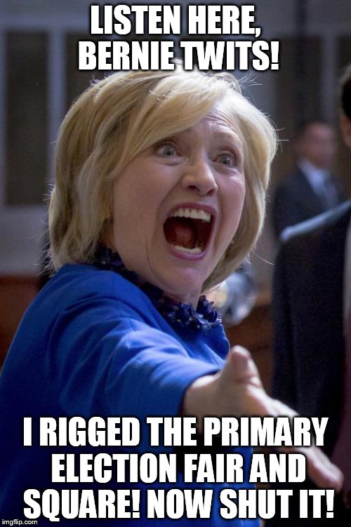 Hillary Shouting | LISTEN HERE, BERNIE TWITS! I RIGGED THE PRIMARY ELECTION FAIR AND SQUARE! NOW SHUT IT! | image tagged in hillary shouting | made w/ Imgflip meme maker