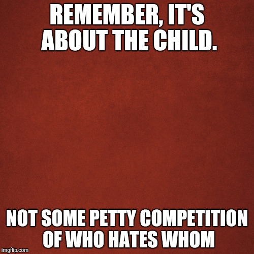 Blank Red Background | REMEMBER, IT'S ABOUT THE CHILD. NOT SOME PETTY COMPETITION OF WHO HATES WHOM | image tagged in blank red background | made w/ Imgflip meme maker