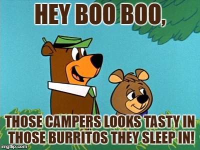 I Don't Know For Sure, But I Think Lnych1979 Came Up With The Idea | HEY BOO BOO, THOSE CAMPERS LOOKS TASTY IN THOSE BURRITOS THEY SLEEP IN! | image tagged in memes,lnych1979,funny,boo boo,yogi bear,jellystone | made w/ Imgflip meme maker