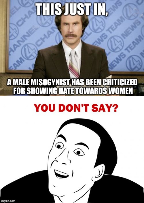  THIS JUST IN, A MALE MISOGYNIST HAS BEEN CRITICIZED FOR SHOWING HATE TOWARDS WOMEN | image tagged in ron burgundy,memes | made w/ Imgflip meme maker