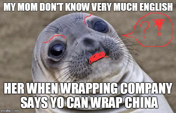 Awkward Moment Sealion Meme | MY MOM DON'T KNOW VERY MUCH ENGLISH; HER WHEN WRAPPING COMPANY SAYS YO CAN WRAP CHINA | image tagged in memes,awkward moment sealion | made w/ Imgflip meme maker