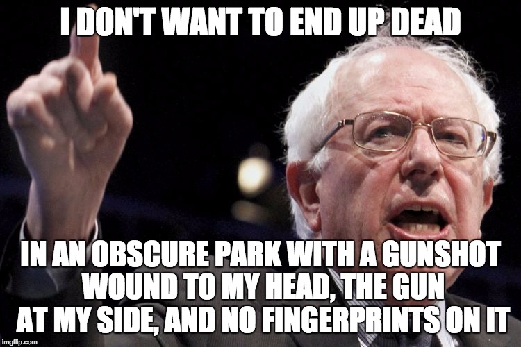 Bern | I DON'T WANT TO END UP DEAD IN AN OBSCURE PARK WITH A GUNSHOT WOUND TO MY HEAD, THE GUN AT MY SIDE, AND NO FINGERPRINTS ON IT | image tagged in bern | made w/ Imgflip meme maker