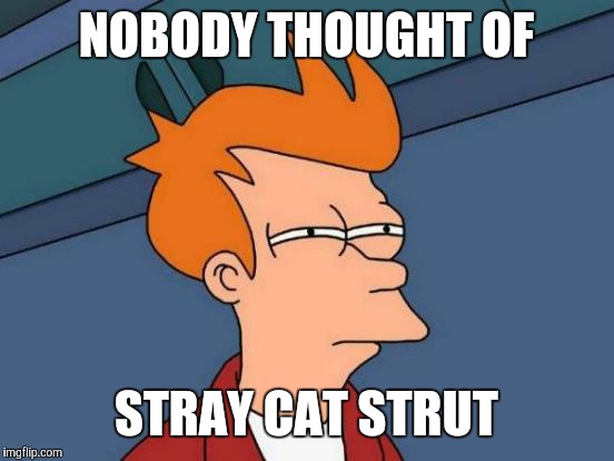 Futurama Fry Meme | NOBODY THOUGHT OF STRAY CAT STRUT | image tagged in memes,futurama fry | made w/ Imgflip meme maker