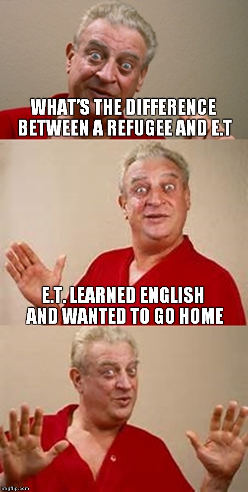 bad pun Dangerfield  | WHAT’S THE DIFFERENCE BETWEEN A REFUGEE AND E.T; E.T. LEARNED ENGLISH AND WANTED TO GO HOME | image tagged in bad pun dangerfield | made w/ Imgflip meme maker