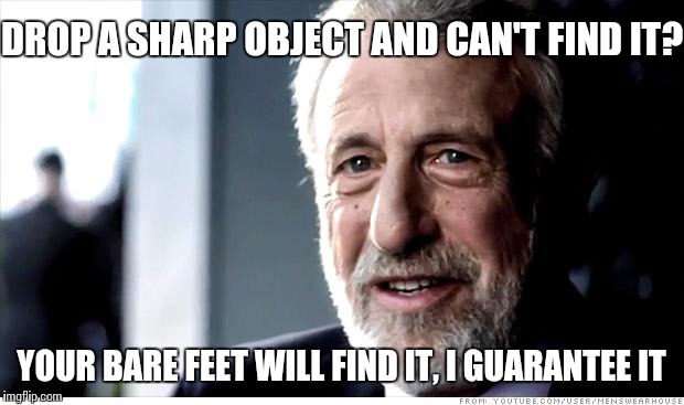 I Guarantee It Meme | DROP A SHARP OBJECT AND CAN'T FIND IT? YOUR BARE FEET WILL FIND IT, I GUARANTEE IT | image tagged in memes,i guarantee it | made w/ Imgflip meme maker