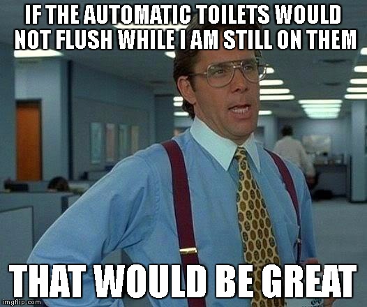 That Would Be Great | IF THE AUTOMATIC TOILETS WOULD NOT FLUSH WHILE I AM STILL ON THEM; THAT WOULD BE GREAT | image tagged in memes,that would be great | made w/ Imgflip meme maker