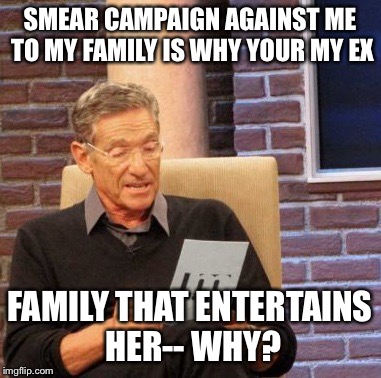 Maury Lie Detector Meme | SMEAR CAMPAIGN AGAINST ME TO MY FAMILY IS WHY YOUR MY EX; FAMILY THAT ENTERTAINS HER-- WHY? | image tagged in memes,maury lie detector | made w/ Imgflip meme maker