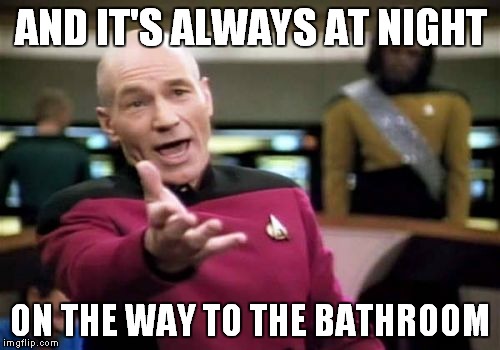 Picard Wtf Meme | AND IT'S ALWAYS AT NIGHT ON THE WAY TO THE BATHROOM | image tagged in memes,picard wtf | made w/ Imgflip meme maker