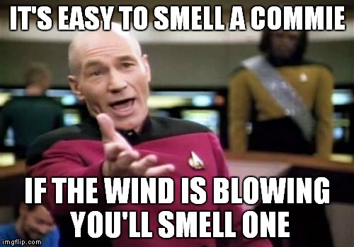 Picard Wtf Meme | IT'S EASY TO SMELL A COMMIE IF THE WIND IS BLOWING YOU'LL SMELL ONE | image tagged in memes,picard wtf | made w/ Imgflip meme maker