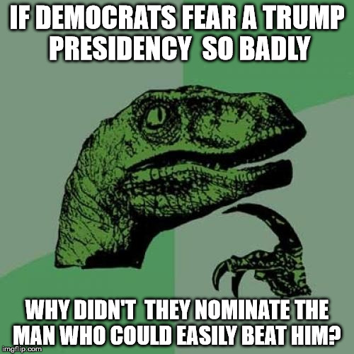 Philosoraptor Meme | IF DEMOCRATS FEAR A TRUMP PRESIDENCY  SO BADLY; WHY DIDN'T  THEY NOMINATE THE MAN WHO COULD EASILY BEAT HIM? | image tagged in memes,philosoraptor | made w/ Imgflip meme maker