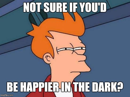 Futurama Fry Meme | NOT SURE IF YOU'D BE HAPPIER IN THE DARK? | image tagged in memes,futurama fry | made w/ Imgflip meme maker