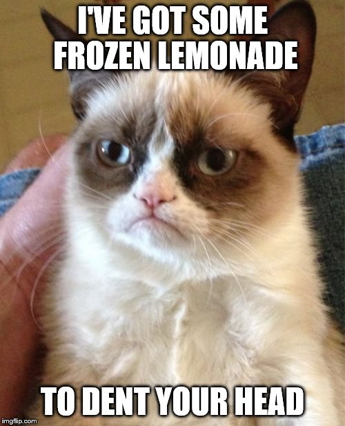 Grumpy Cat Meme | I'VE GOT SOME FROZEN LEMONADE TO DENT YOUR HEAD | image tagged in memes,grumpy cat | made w/ Imgflip meme maker