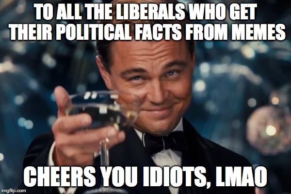 Leonardo Dicaprio Cheers | TO ALL THE LIBERALS WHO GET THEIR POLITICAL FACTS FROM MEMES; CHEERS YOU IDIOTS, LMAO | image tagged in memes,leonardo dicaprio cheers | made w/ Imgflip meme maker