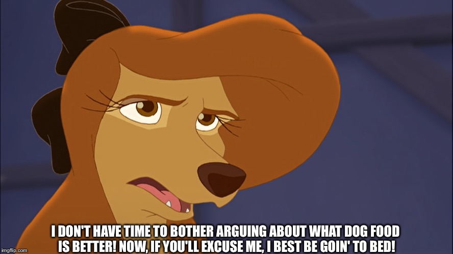  I Don't Have Time To Bother Arguing About What Dog Food Is Better! | I DON'T HAVE TIME TO BOTHER ARGUING ABOUT WHAT DOG FOOD IS BETTER! NOW, IF YOU'LL EXCUSE ME, I BEST BE GOIN' TO BED! | image tagged in dixie bored,memes,disney,the fox and the hound 2,reba mcentire,dog | made w/ Imgflip meme maker