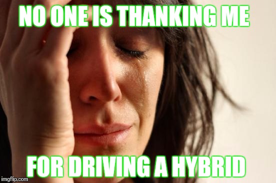 First World Problems Meme | NO ONE IS THANKING ME; FOR DRIVING A HYBRID | image tagged in memes,first world problems | made w/ Imgflip meme maker