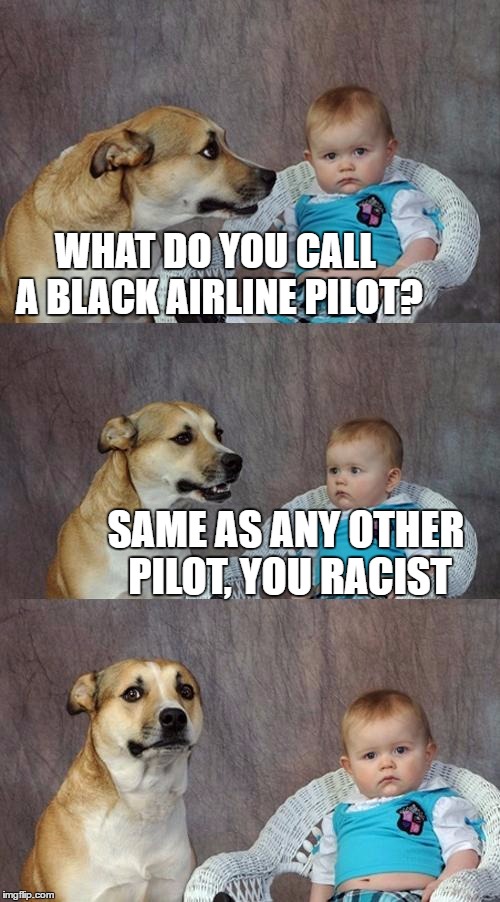 Dad Joke Dog Meme | WHAT DO YOU CALL A BLACK AIRLINE PILOT? SAME AS ANY OTHER PILOT, YOU RACIST | image tagged in memes,dad joke dog | made w/ Imgflip meme maker