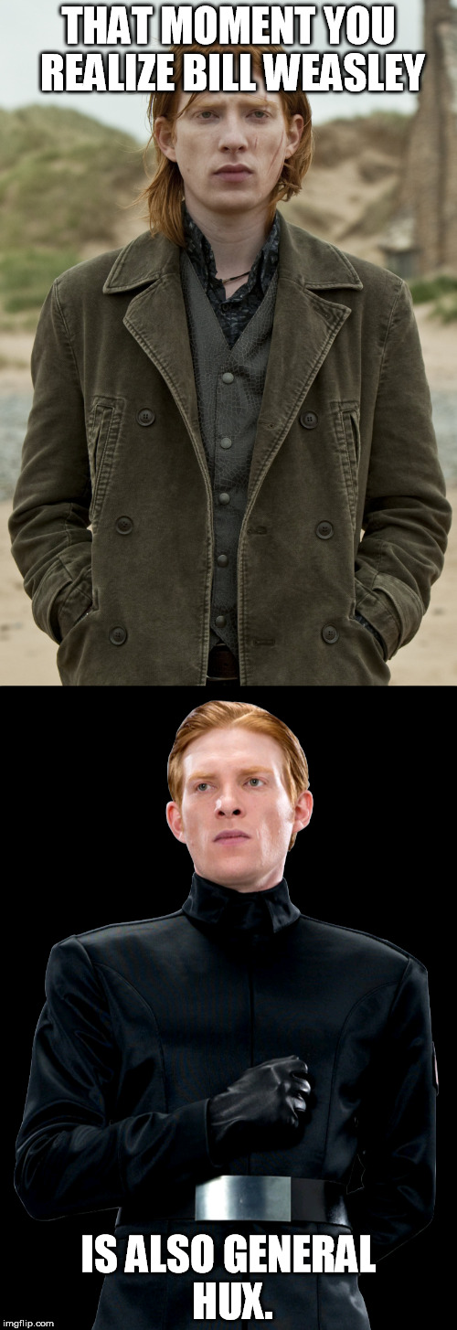 Both are portrayed by Irish actor Domhnall Gleeson | THAT MOMENT YOU REALIZE BILL WEASLEY; IS ALSO GENERAL HUX. | image tagged in memes,star wars,harry potter,funny | made w/ Imgflip meme maker