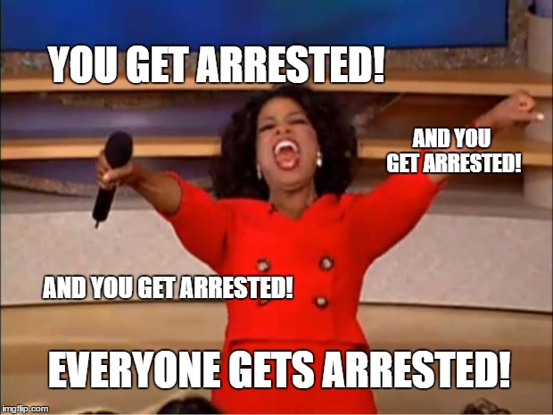 Oprah You Get A Meme | YOU GET ARRESTED! AND YOU GET ARRESTED! AND YOU GET ARRESTED! EVERYONE GETS ARRESTED! | image tagged in memes,oprah you get a | made w/ Imgflip meme maker