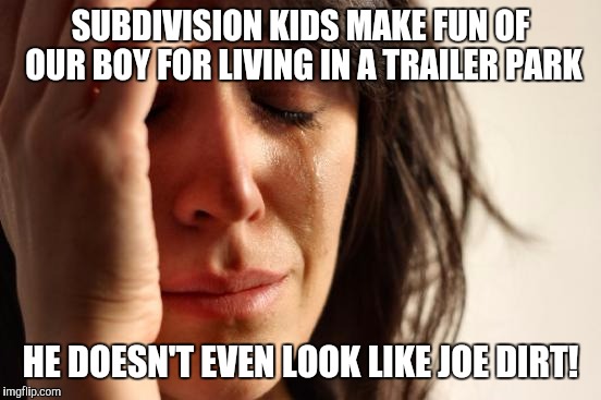 First World Problems | SUBDIVISION KIDS MAKE FUN OF OUR BOY FOR LIVING IN A TRAILER PARK; HE DOESN'T EVEN LOOK LIKE JOE DIRT! | image tagged in memes,first world problems | made w/ Imgflip meme maker