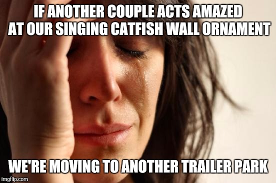 First World Problems | IF ANOTHER COUPLE ACTS AMAZED AT OUR SINGING CATFISH WALL ORNAMENT; WE'RE MOVING TO ANOTHER TRAILER PARK | image tagged in memes,first world problems | made w/ Imgflip meme maker