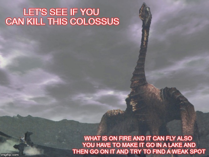 beta colossus glad that this is not in the game | LET'S SEE IF YOU CAN KILL THIS COLOSSUS; WHAT IS ON FIRE AND IT CAN FLY ALSO YOU HAVE TO MAKE IT GO IN A LAKE AND THEN GO ON IT AND TRY TO FIND A WEAK SPOT | image tagged in video games,beta,colossus | made w/ Imgflip meme maker