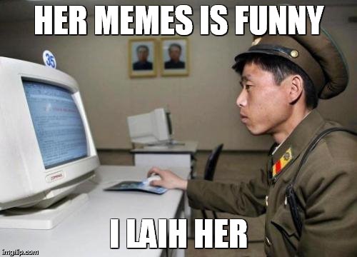 North Korean Hacker | HER MEMES IS FUNNY; I LAIH HER | image tagged in north korean hacker | made w/ Imgflip meme maker