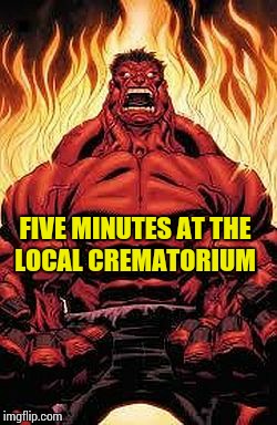 FIVE MINUTES AT THE LOCAL CREMATORIUM | image tagged in red hulk | made w/ Imgflip meme maker