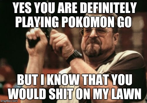 Am I The Only One Around Here Meme | YES YOU ARE DEFINITELY PLAYING POKOMON GO; BUT I KNOW THAT YOU WOULD SHIT ON MY LAWN | image tagged in memes,am i the only one around here | made w/ Imgflip meme maker