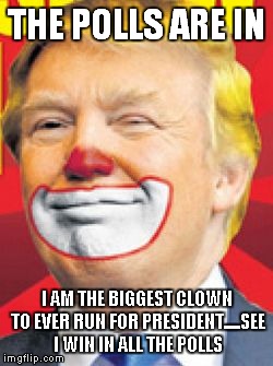 Donald Trump the Clown | THE POLLS ARE IN; I AM THE BIGGEST CLOWN TO EVER RUN FOR PRESIDENT.....SEE I WIN IN ALL THE POLLS | image tagged in donald trump the clown | made w/ Imgflip meme maker