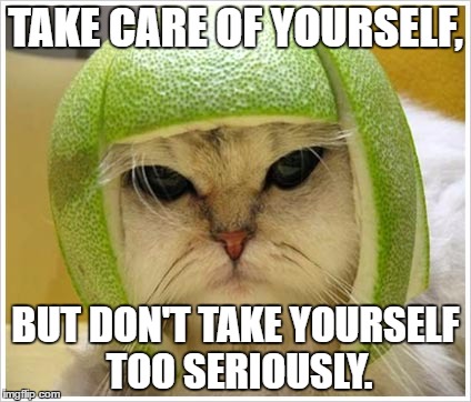 Romelon Cat disapproves | TAKE CARE OF YOURSELF, BUT DON'T TAKE YOURSELF TOO SERIOUSLY. | image tagged in romelon cat disapproves | made w/ Imgflip meme maker