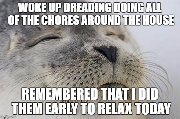 Satisfied Seal Meme | WOKE UP DREADING DOING ALL OF THE CHORES AROUND THE HOUSE; REMEMBERED THAT I DID THEM EARLY TO RELAX TODAY | image tagged in memes,satisfied seal | made w/ Imgflip meme maker