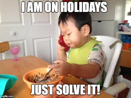 No Bullshit Business Baby | I AM ON HOLIDAYS; JUST SOLVE IT! | image tagged in memes,no bullshit business baby | made w/ Imgflip meme maker