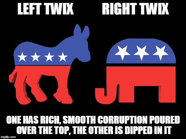 LeftTwix RightTwix | LEFT TWIX           RIGHT TWIX; ONE HAS RICH, SMOOTH CORRUPTION POURED OVER THE TOP, THE OTHER IS DIPPED IN IT | image tagged in left,right,twix,democrat,republican | made w/ Imgflip meme maker