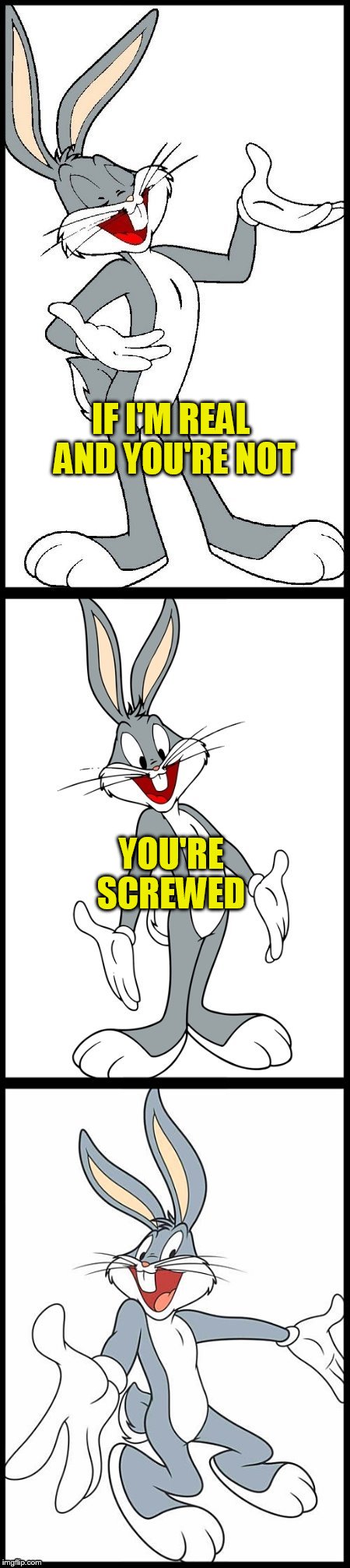 Bad Bugs Bunny Pun | IF I'M REAL AND YOU'RE NOT YOU'RE SCREWED | image tagged in bad bugs bunny pun | made w/ Imgflip meme maker