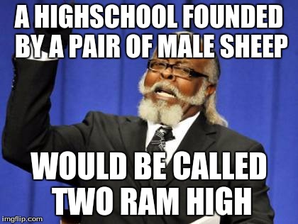 Too Damn High | A HIGHSCHOOL FOUNDED BY A PAIR OF MALE SHEEP; WOULD BE CALLED TWO RAM HIGH | image tagged in memes,too damn high | made w/ Imgflip meme maker