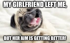 MY GIRLFRIEND LEFT ME, BUT HER AIM IS GETTING BETTER! | image tagged in the reference dog | made w/ Imgflip meme maker