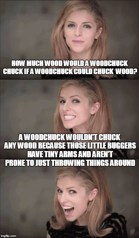 postmodern Anna #9 | HOW MUCH WOOD WOULD A WOODCHUCK CHUCK IF A WOODCHUCK COULD CHUCK  WOOD? A WOODCHUCK WOULDN'T CHUCK ANY WOOD BECAUSE THOSE LITTLE BUGGERS HAVE TINY ARMS AND AREN'T PRONE TO JUST THROWING THINGS AROUND | image tagged in memes,bad pun anna kendrick | made w/ Imgflip meme maker