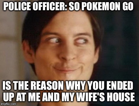 Spiderman Peter Parker Meme | POLICE OFFICER: SO POKEMON GO; IS THE REASON WHY YOU ENDED UP AT ME AND MY WIFE'S HOUSE | image tagged in memes,spiderman peter parker | made w/ Imgflip meme maker