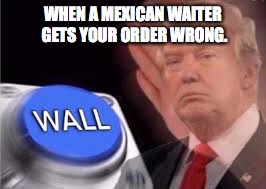trump wall | WHEN A MEXICAN WAITER GETS YOUR ORDER WRONG. | image tagged in trump wall | made w/ Imgflip meme maker