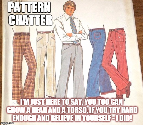 MOTIVATIONAL SEWING PATTERNS | PATTERN CHATTER; I'M JUST HERE TO SAY, YOU TOO CAN GROW A HEAD AND A TORSO, IF YOU TRY HARD ENOUGH AND BELIEVE IN YOURSELF - I DID! | image tagged in funny stuff | made w/ Imgflip meme maker