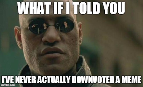 Matrix Morpheus | WHAT IF I TOLD YOU; I'VE NEVER ACTUALLY DOWNVOTED A MEME | image tagged in memes,matrix morpheus | made w/ Imgflip meme maker