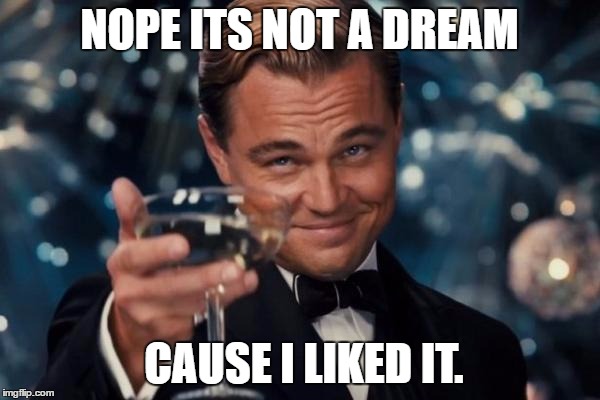 Leonardo Dicaprio Cheers Meme | NOPE ITS NOT A DREAM CAUSE I LIKED IT. | image tagged in memes,leonardo dicaprio cheers | made w/ Imgflip meme maker