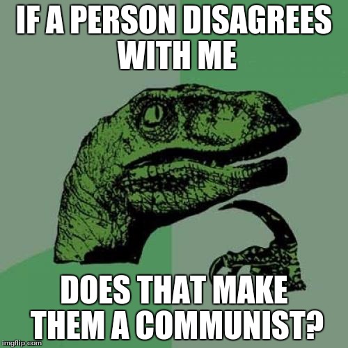 Philosoraptor Meme | IF A PERSON DISAGREES WITH ME; DOES THAT MAKE THEM A COMMUNIST? | image tagged in memes,philosoraptor | made w/ Imgflip meme maker