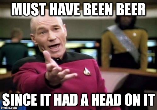 Picard Wtf Meme | MUST HAVE BEEN BEER SINCE IT HAD A HEAD ON IT | image tagged in memes,picard wtf | made w/ Imgflip meme maker