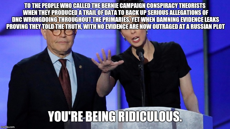 You're being Ridiculous | TO THE PEOPLE WHO CALLED THE BERNIE CAMPAIGN CONSPIRACY THEORISTS WHEN THEY PRODUCED A TRAIL OF DATA TO BACK UP SERIOUS ALLEGATIONS OF DNC WRONGDOING THROUGHOUT THE PRIMARIES, YET WHEN DAMNING EVIDENCE LEAKS PROVING THEY TOLD THE TRUTH, WITH NO EVIDENCE ARE NOW OUTRAGED AT A RUSSIAN PLOT; YOU'RE BEING RIDICULOUS. | image tagged in you're being ridiculous,AdviceAnimals | made w/ Imgflip meme maker