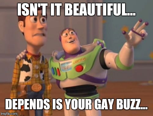 X, X Everywhere | ISN'T IT BEAUTIFUL... DEPENDS IS YOUR GAY BUZZ... | image tagged in memes,x x everywhere | made w/ Imgflip meme maker