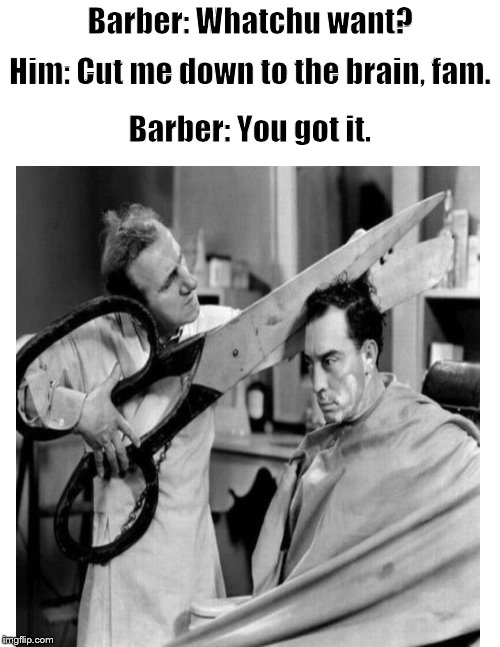 Meanwhile, at the barbershop.... | Barber: Whatchu want? Him: Cut me down to the brain, fam. Barber: You got it. | image tagged in funny memes,barber,haircut,funny haircut,funny haircuts,hairstyle | made w/ Imgflip meme maker