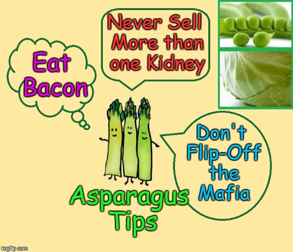 Asparagus Tips | Never Sell More than one Kidney; Eat Bacon; Don't Flip-Off the Mafia; Asparagus Tips | image tagged in vince vance,advice from asparagi,good advice from 3 asparagus,asparagus makes my urine stink,babe ruth,bacon meme | made w/ Imgflip meme maker