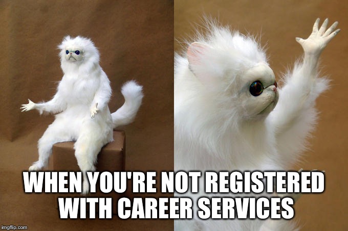 Persian Cat Room Guardian | WHEN YOU'RE NOT REGISTERED WITH CAREER SERVICES | image tagged in memes,persian cat room guardian | made w/ Imgflip meme maker